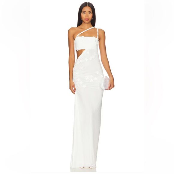 Deme by Gabriella Leslie Gown White One-Shoulder mesh maxi Dress Revolve M FLAW - Picture 1 of 14